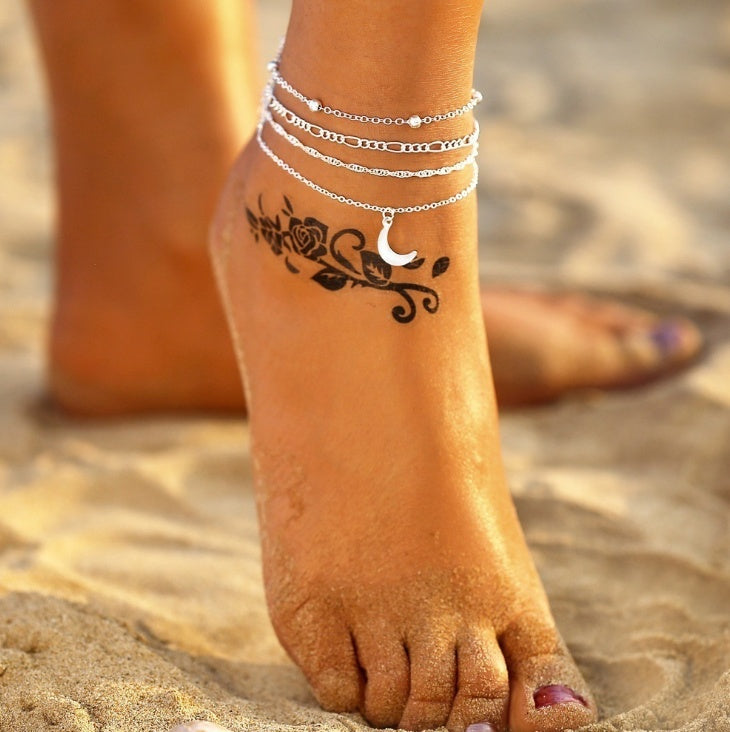 Layered Silver Anklet Set with Moon Pendant & Beads