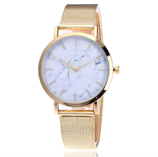 Chic Marble Dial Quartz Watch with Mesh Band