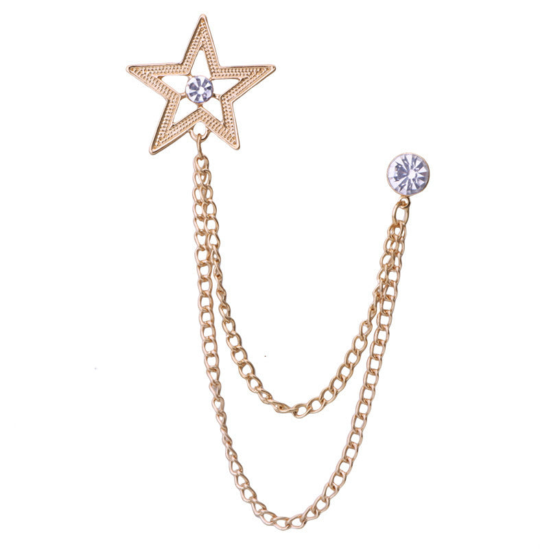 Men's Fashion Tassel Chain Pentagram Rhinestone Brooch