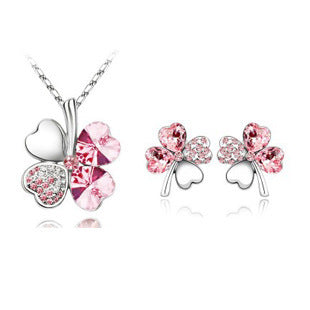Lucky Four-Leaf Clover Crystal Necklace and Earrings Set