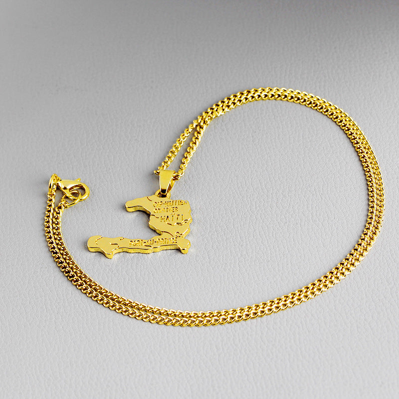 18K Gold Plated Haiti Map Pendant Necklace