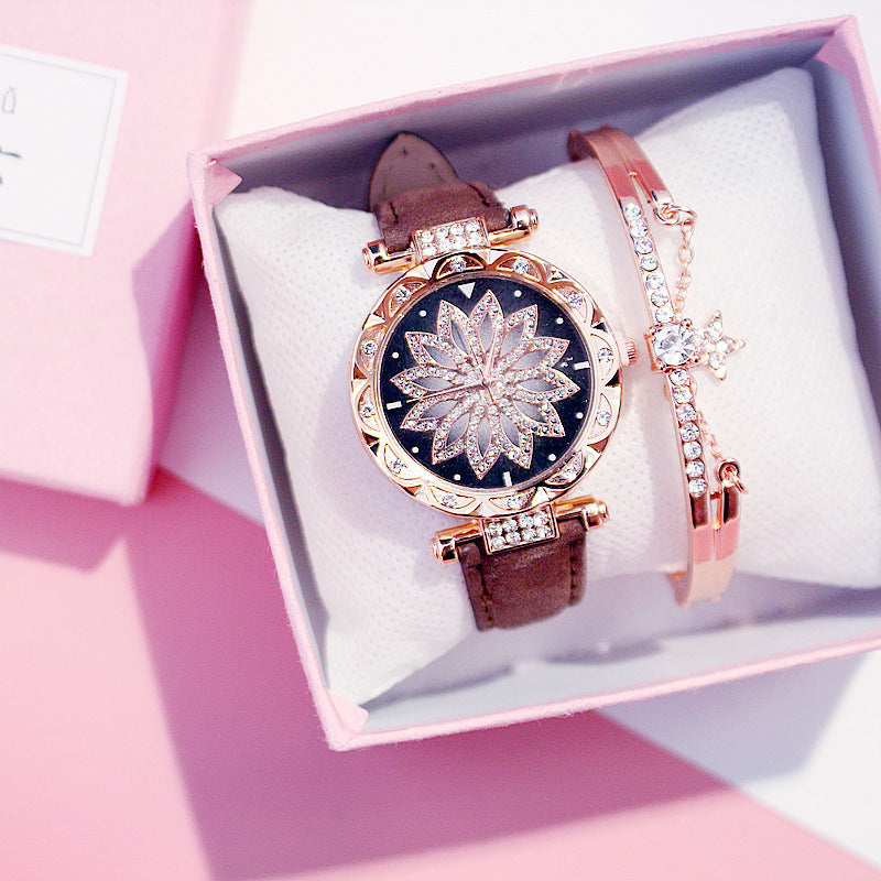Trendy Rotating Quartz Watch & Crystal Bracelet Set for Ladies