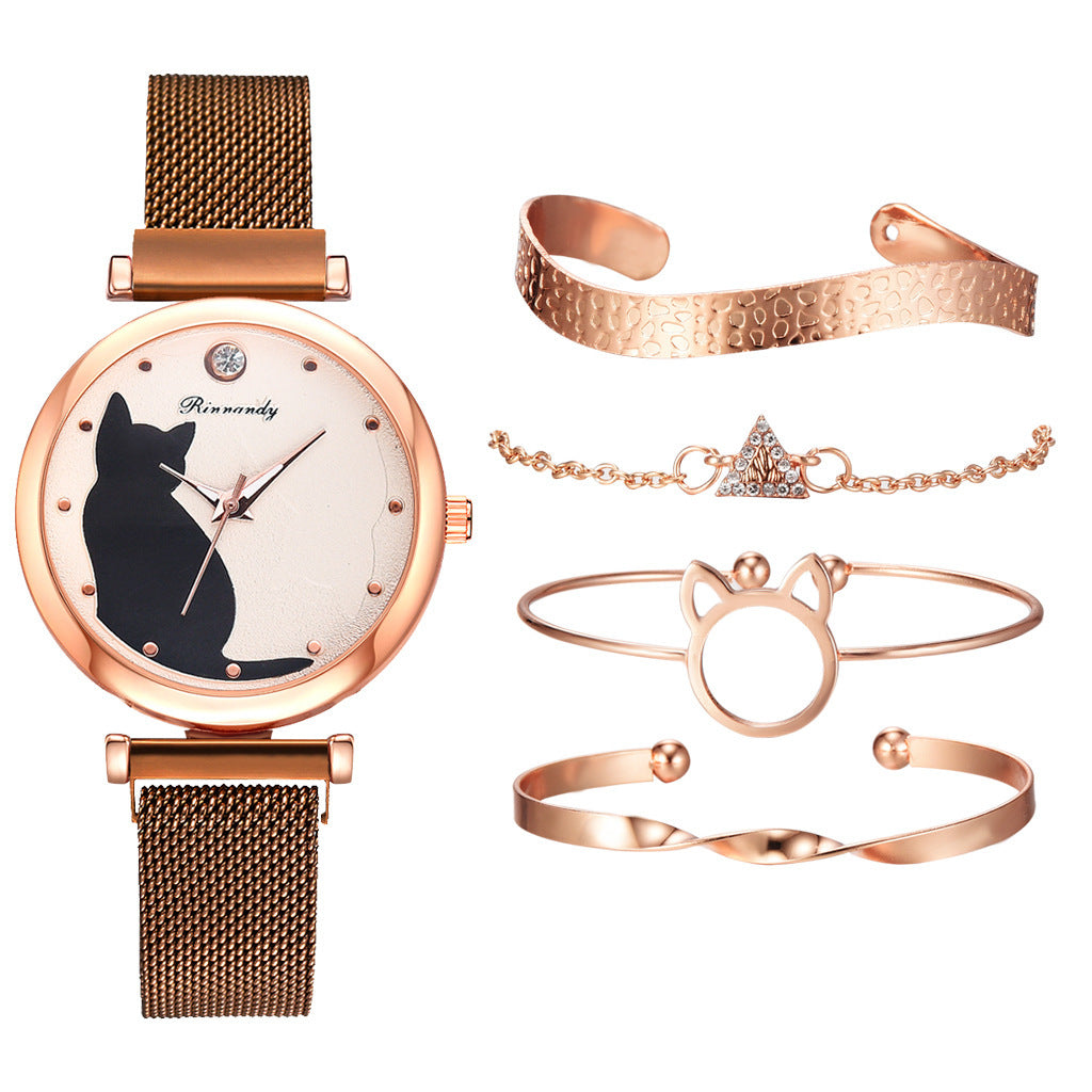 Women's 5-Piece Rose Gold Mesh Watch and Bracelet Set