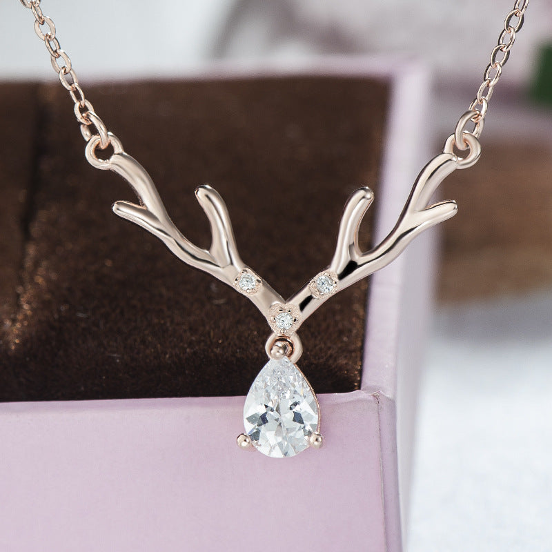 925 Sterling Silver Antlers Pendant Necklace with AAA Cubic Zirconia
