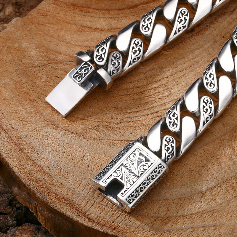 Thick Tangcao Pattern Cuban Silver Bracelet
