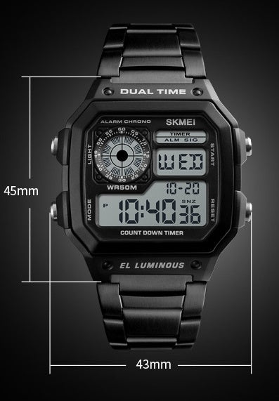 Business Steel Belt Electronic Double Display Multi-function Sports Watch