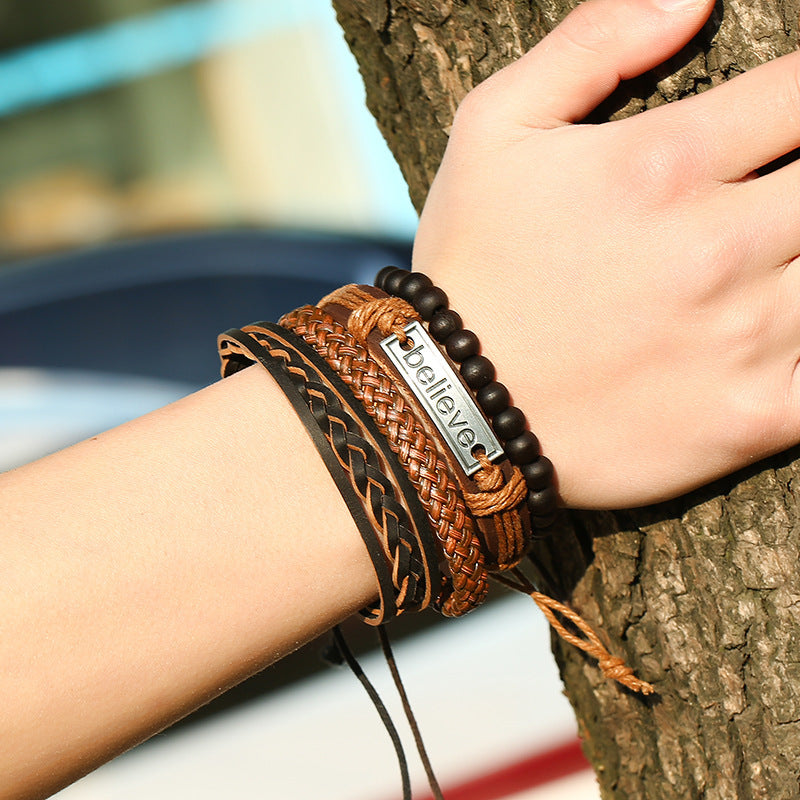 Men's "Believe" Geometric Leather Bracelet