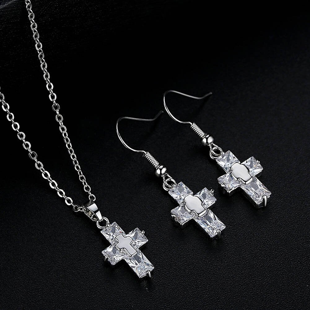 Sparkling Cubic Zirconia Cross Pendant Necklace and Drop Dangle Earrings