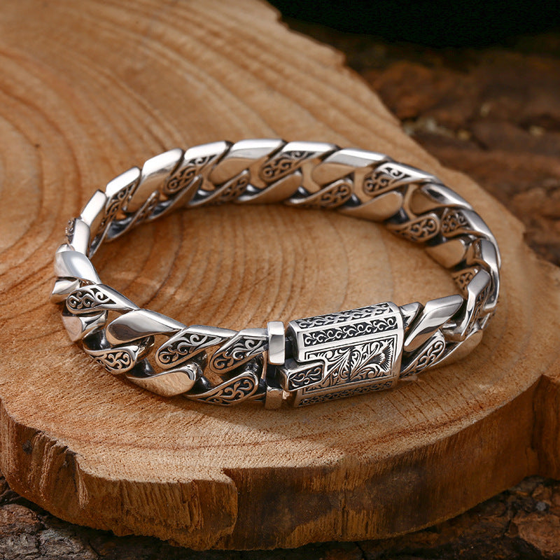 Thick Tangcao Pattern Cuban Silver Bracelet
