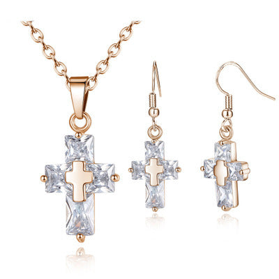 Sparkling Cubic Zirconia Cross Pendant Necklace and Drop Dangle Earrings