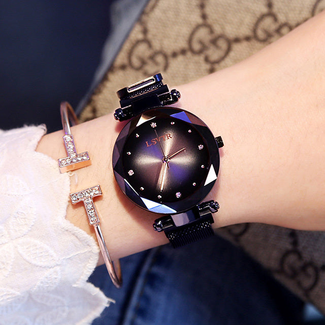 Dazzling Rose Gold Starry Sky Magnet Watch for Women