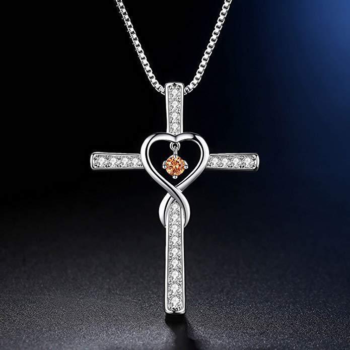Infinity Love Christian Cross Birthstone Pendant Necklace