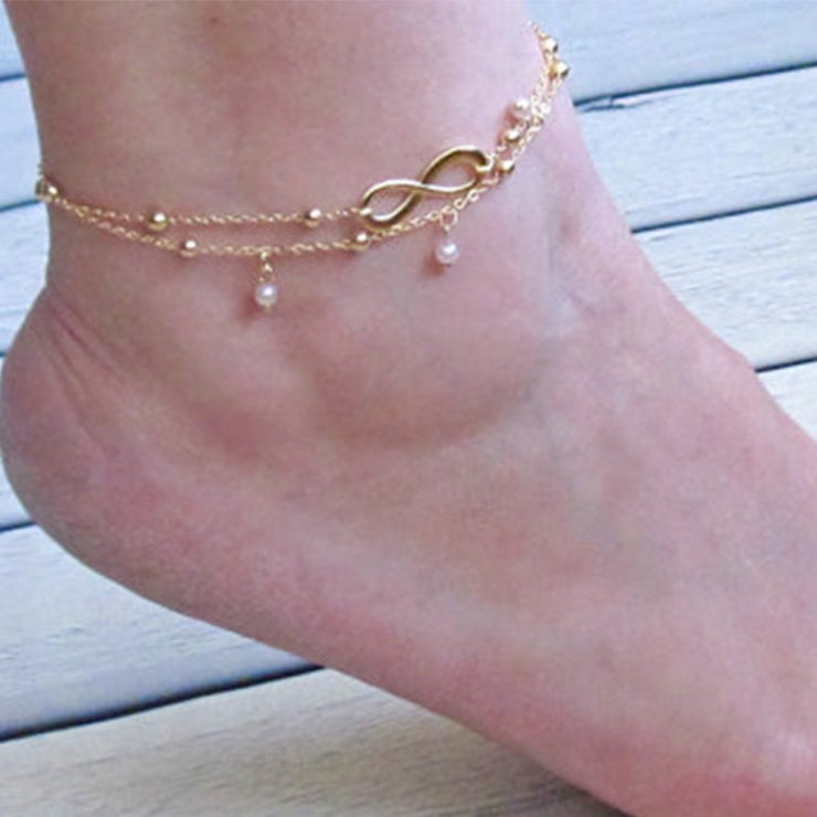 Infinity Double Layer Pearl Gold-Tone Anklet