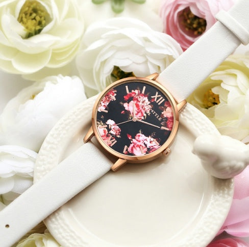 Charming Flower Dial Leather Strap Quartz Watch