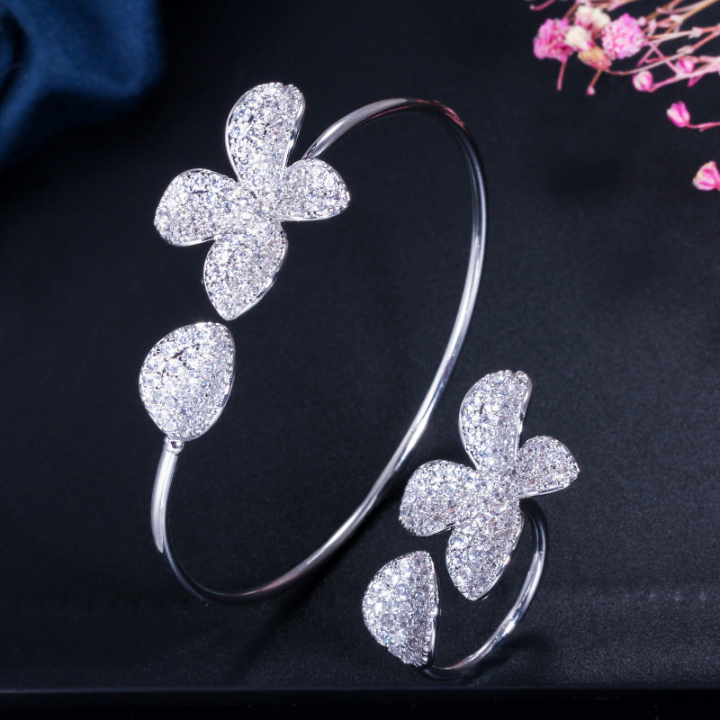 Adjustable Cubic Zirconia Flower Bangle & Ring Set