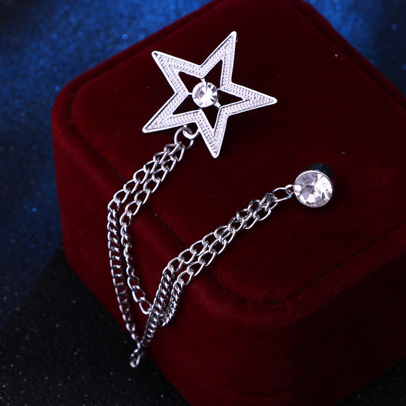 Men's Fashion Tassel Chain Pentagram Rhinestone Brooch