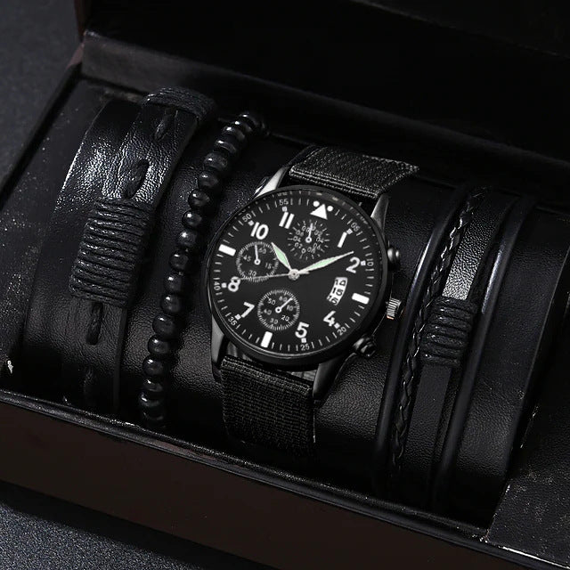 Men's Quartz Watch & Bracelet Set: Single Calendar & Canvas Band