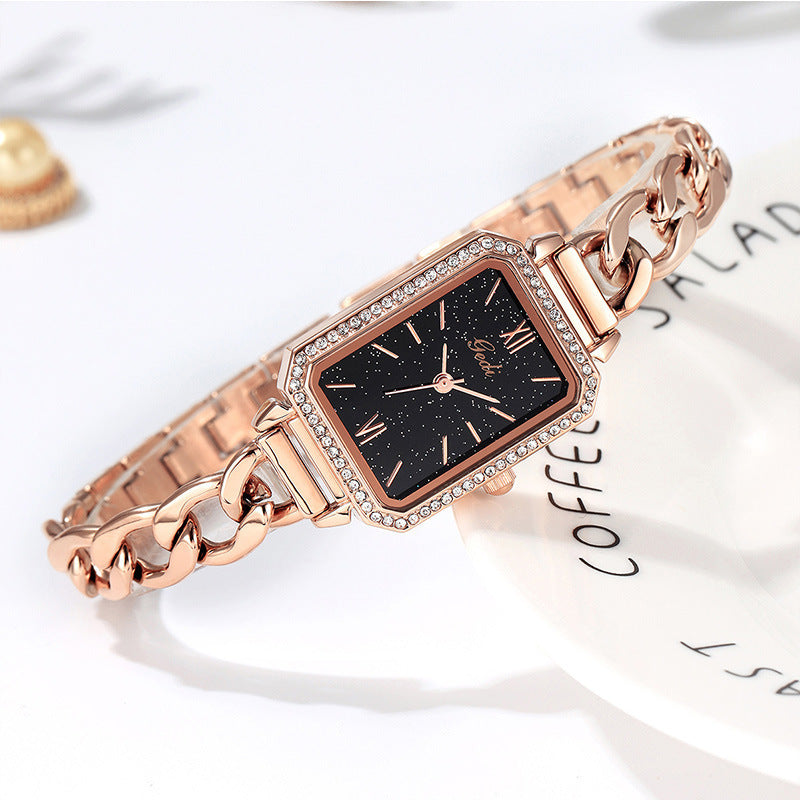 Striking Square Watch with Rhinestones and Denim Detail