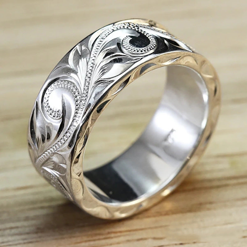 Simple Silver Ring - Retro Embossed Vines