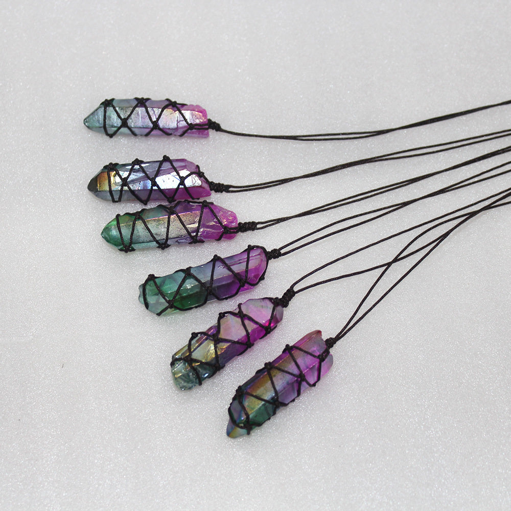Rainbow Stone Natural Crystal Point Chakra Quartz Pendant Necklace