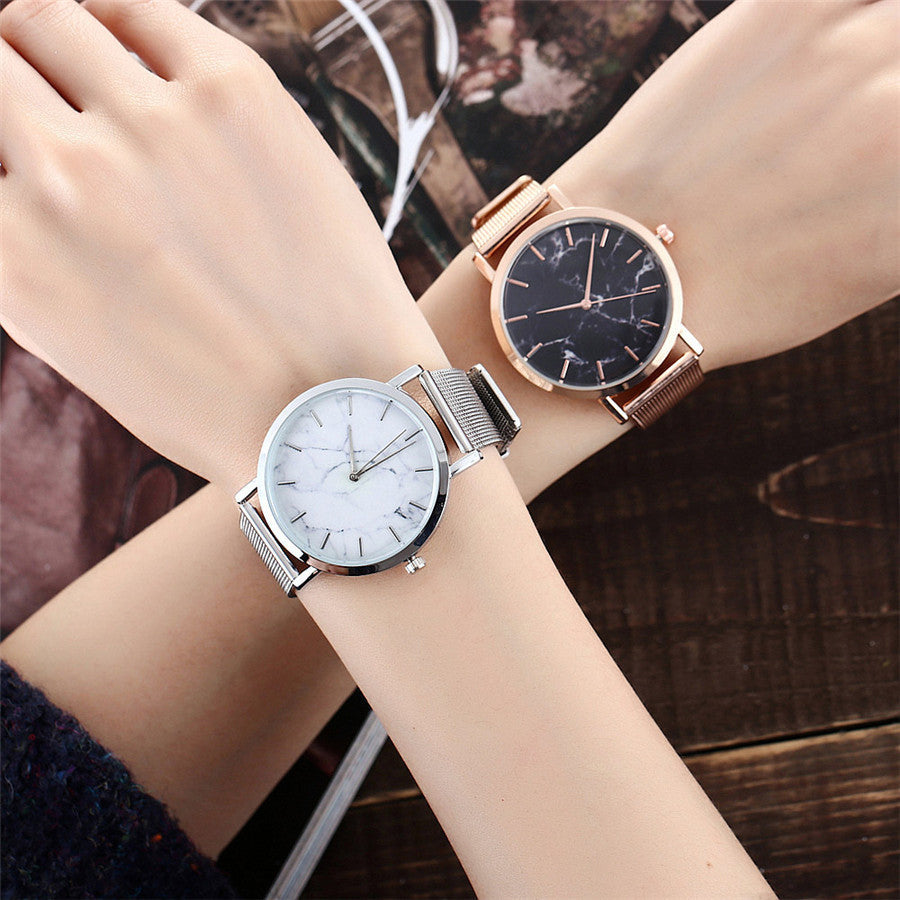 Chic Marble Dial Quartz Watch with Mesh Band