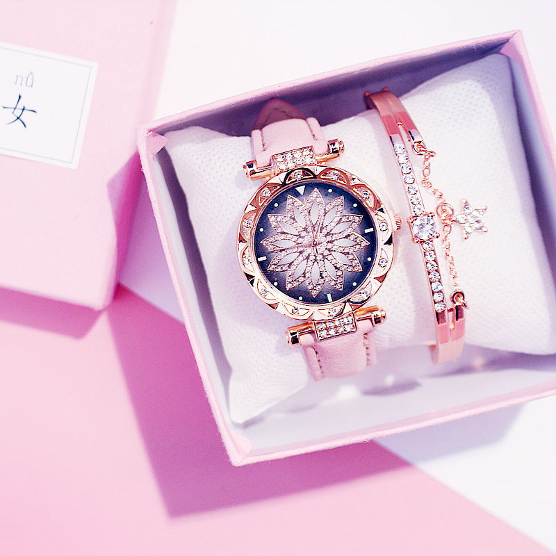 Trendy Rotating Quartz Watch & Crystal Bracelet Set for Ladies
