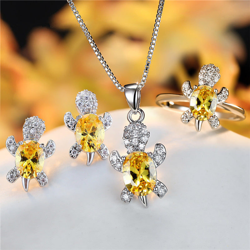 Elegant Oval Zircon Turtle Necklace with Rainbow Stone
