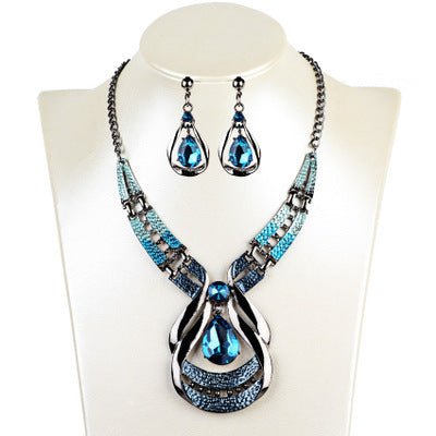 Turquoise Blue Large Teardrop Silvertone Necklace & Earrings Set