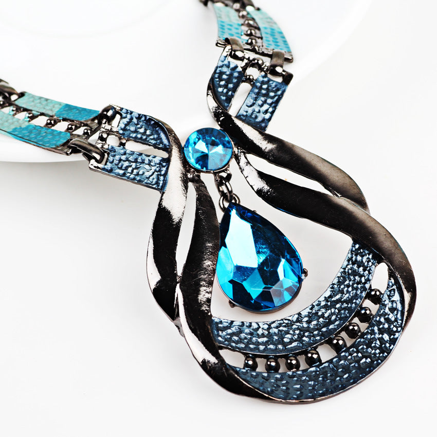 Turquoise Blue Large Teardrop Silvertone Necklace & Earrings Set