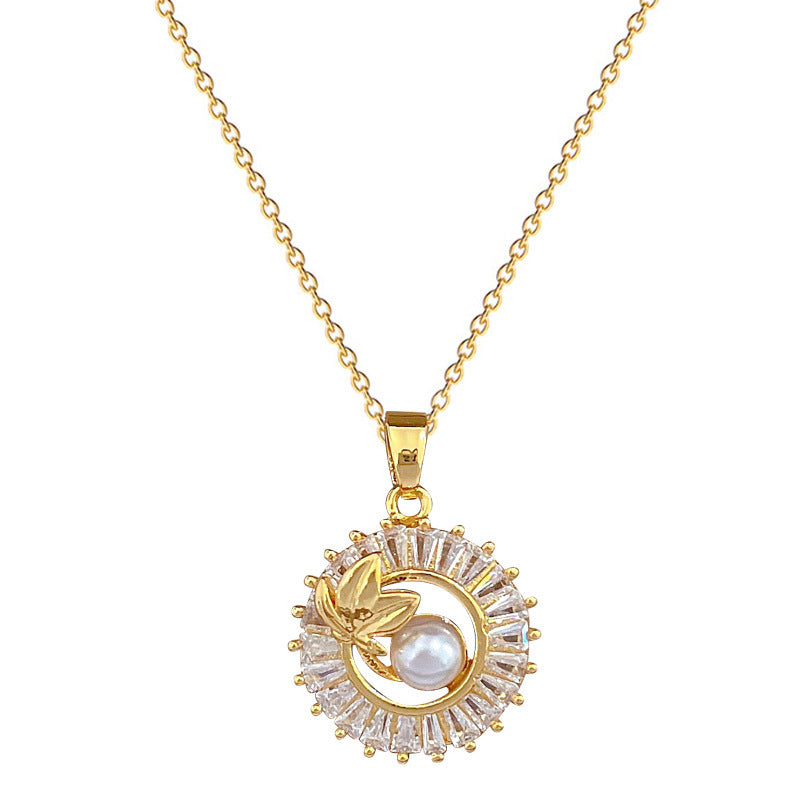 Gold Plated Round Pearl & Zircon Jewelry Set