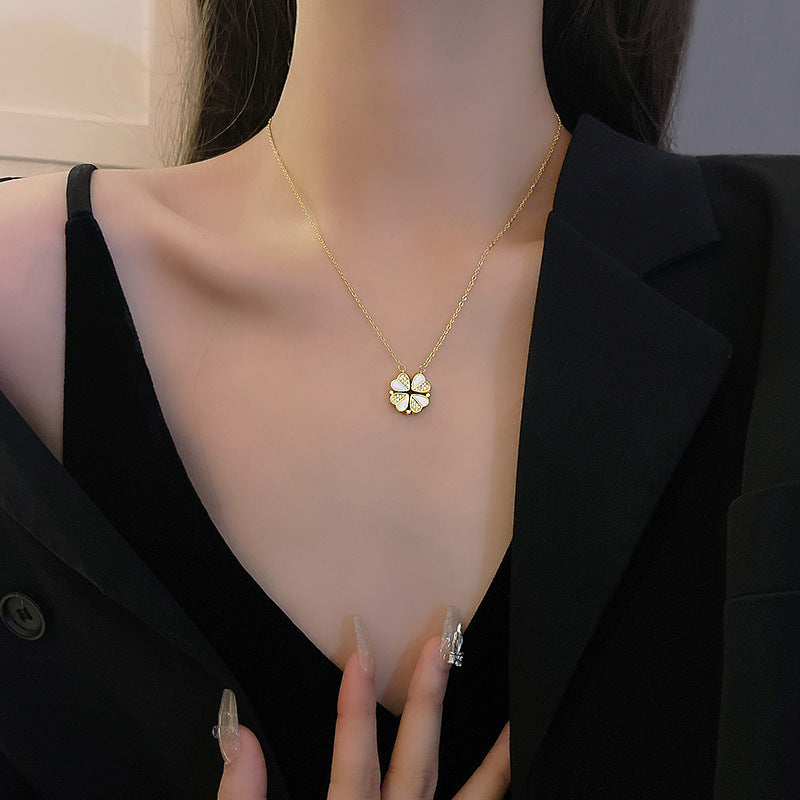 Luxury Four-Leaf Clover Pendant Necklace - Stainless Steel Crystal Heart