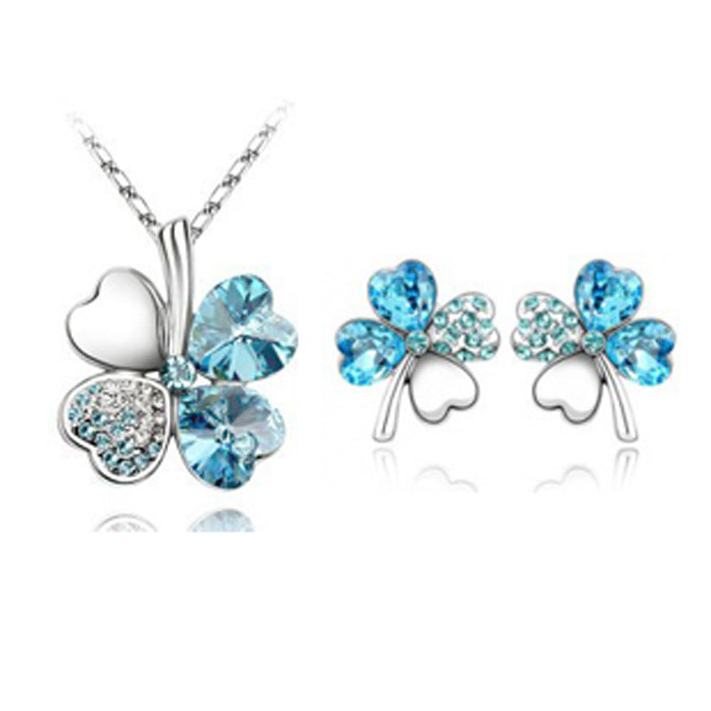 Lucky Four-Leaf Clover Crystal Necklace and Earrings Set