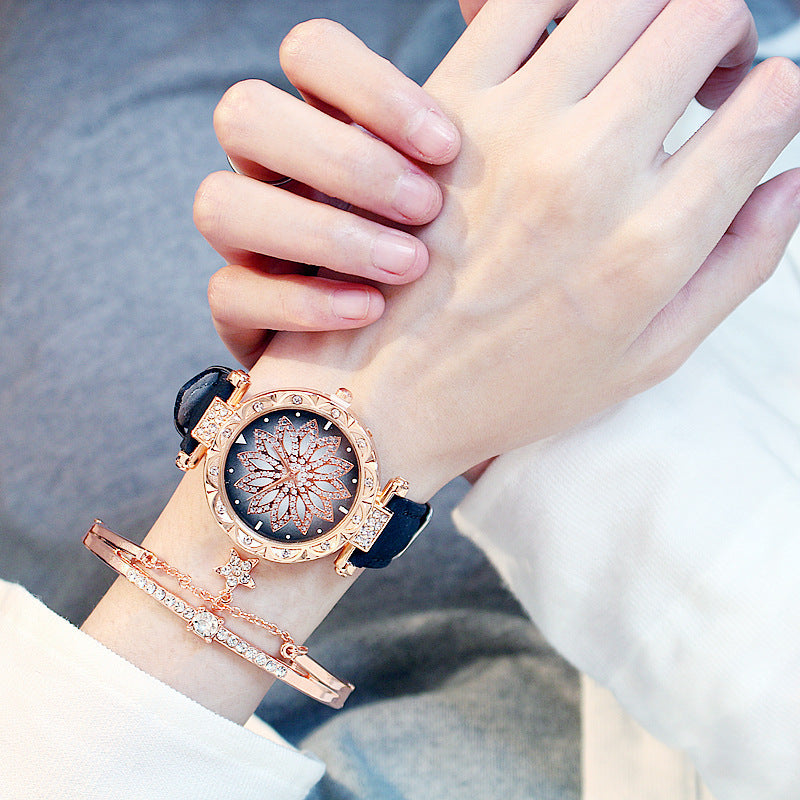 Trendy Rotating Quartz Watch & Crystal Bracelet Set for Ladies