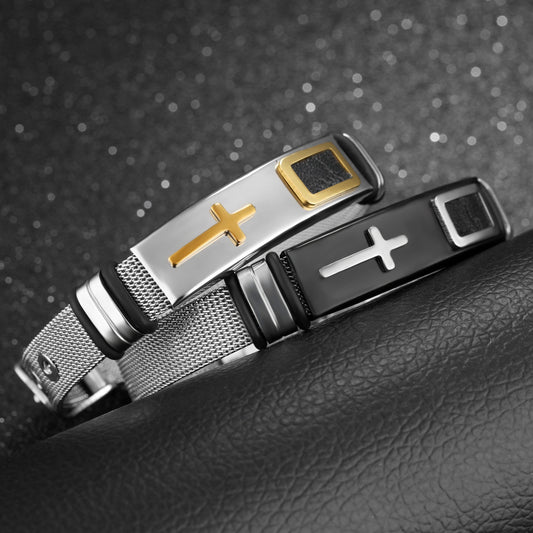 Men's Gold Cross Titanium Steel Mesh Bracelet