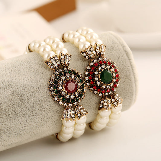 Multi-Layered Pearl and Red Crystal Dangle Bracelet
