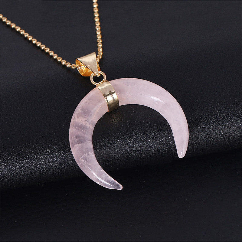 Crystal Semi-Precious Stone Moon Pendant Necklace - Natural Healing Charm