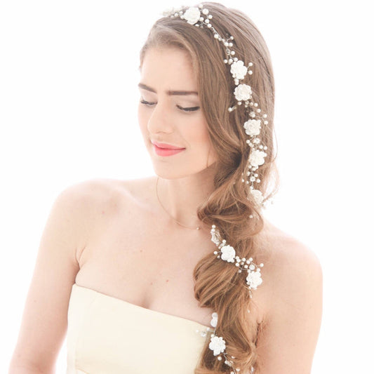 Pearl and Floral Bridal Hair Chain