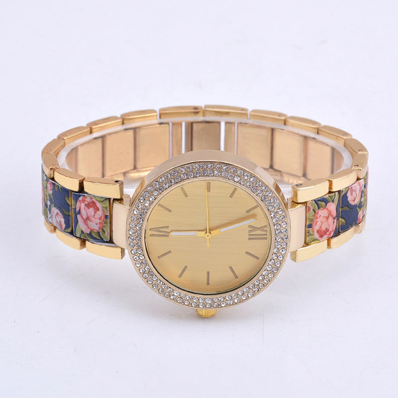 Steel Watch with Floral Printed Band