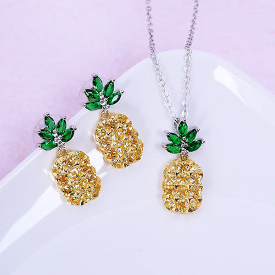 Sterling Silver Crystal Pineapple Earrings Necklace Set