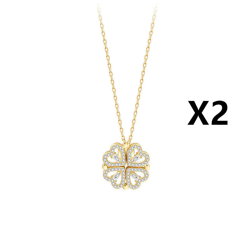 Magnetic Folding Heart-Shaped Four-Leaf Clover Pendant Necklace