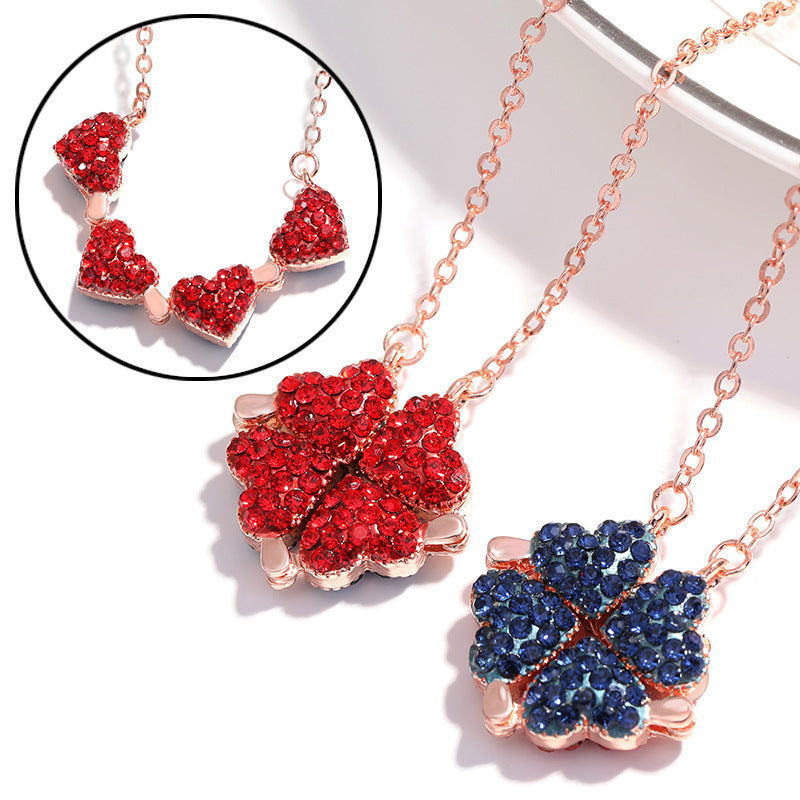 Magnetic Heart & Four-Leaf Clover Pendant Necklace
