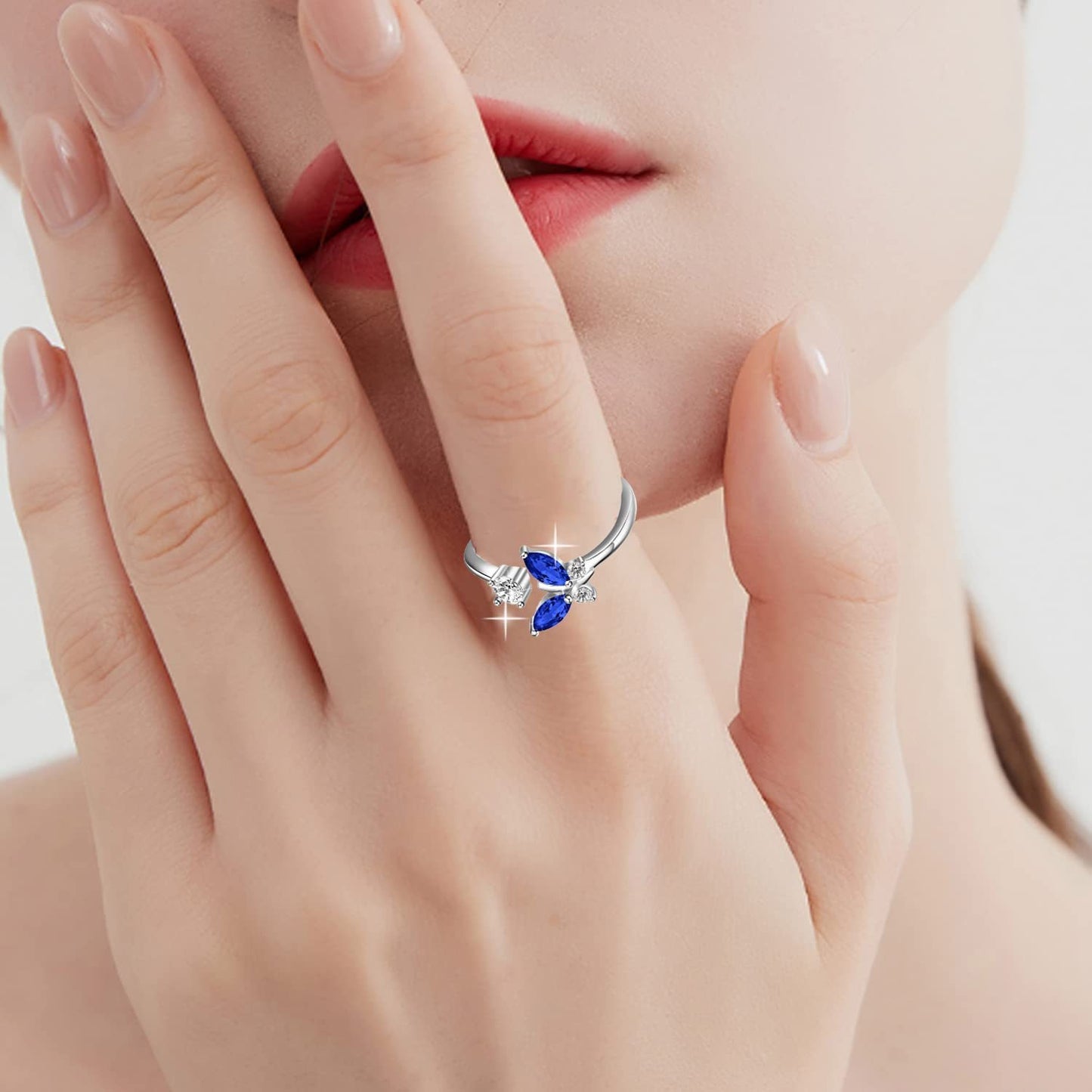 Ethereal Butterfly Sapphire Ring Blue Crystal White Gold Sterling Silver