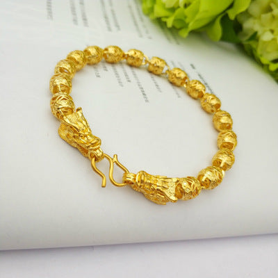 Commanding 24K Yellow Gold Plated Double Dragon Head Bracelet