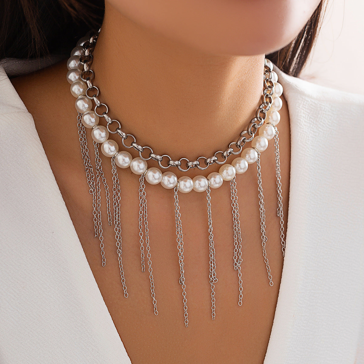 Multilayer Imitation Pearl Tassel Necklace