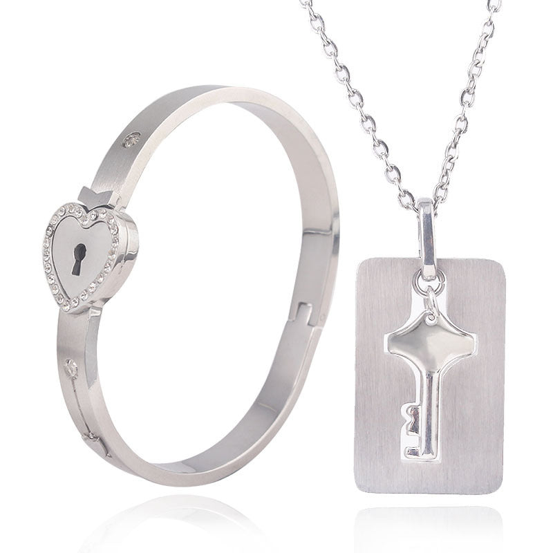 Fashionable Titanium Steel Couple Love Lock Jewelry Set
