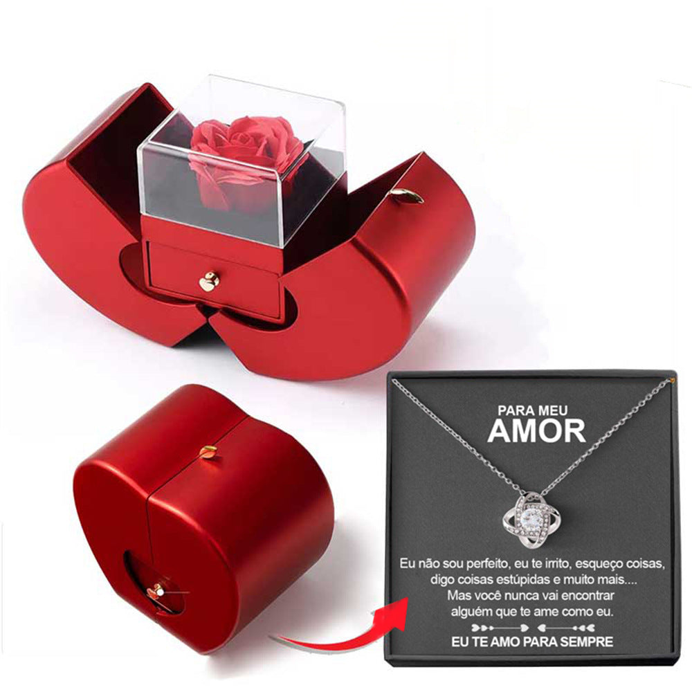 Red Apple Jewelry Box Set - Eternal Rose & Necklace Christmas Gift