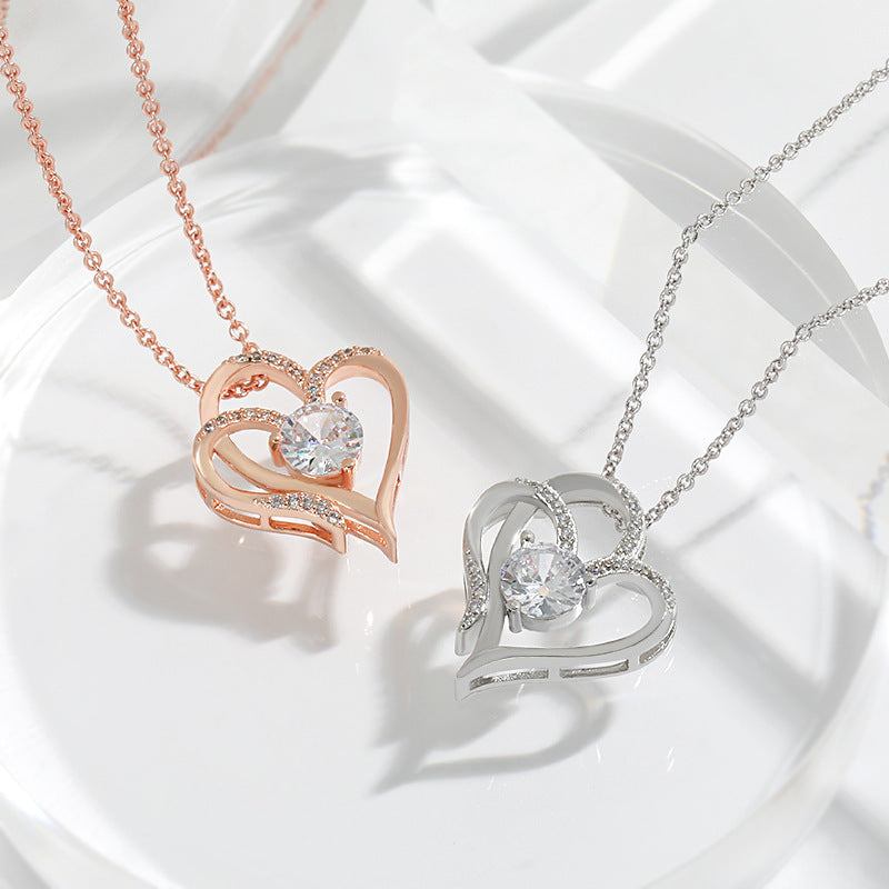 Zircon Double Love Heart Necklace - Rhinestone Clavicle Chain for Women
