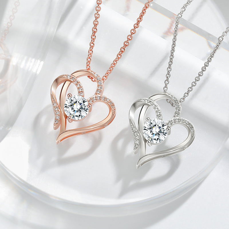Zircon Double Love Heart Necklace - Rhinestone Clavicle Chain for Women