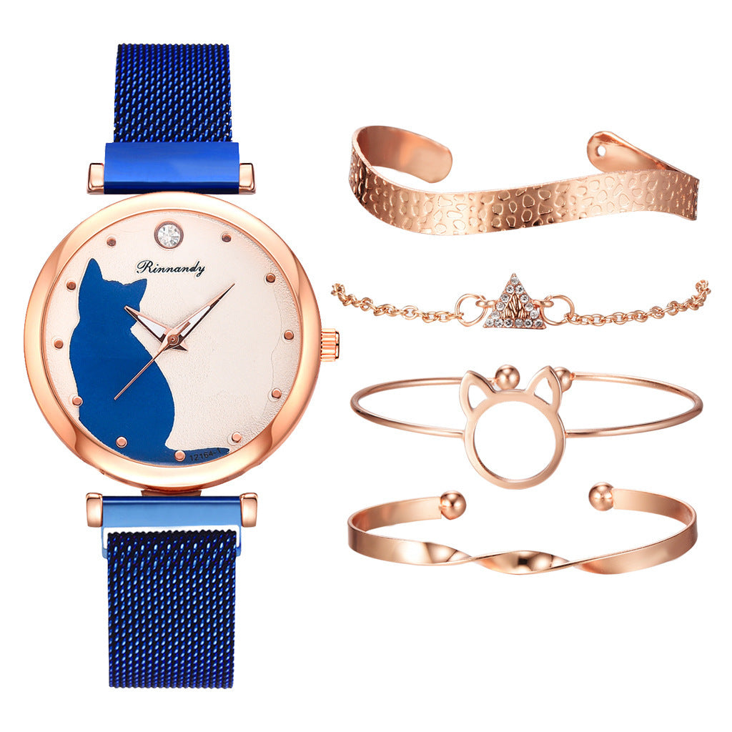 Women's 5-Piece Rose Gold Mesh Watch and Bracelet Set