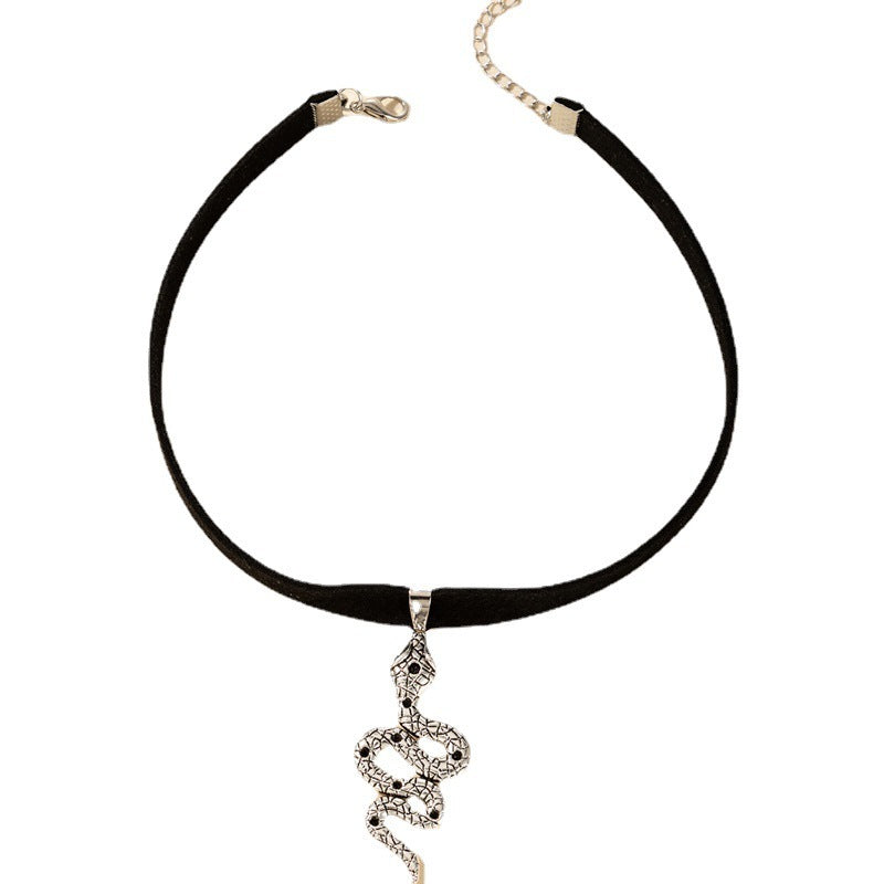 Witchy Gothic Grunge Velvet Choker Necklace - Snake & Baroque Design
